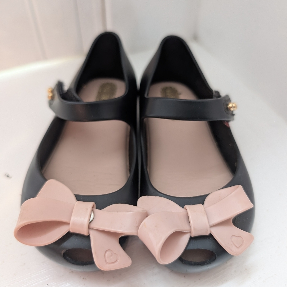 Mini Melissa Jelly Flats Black Pink Bow 7